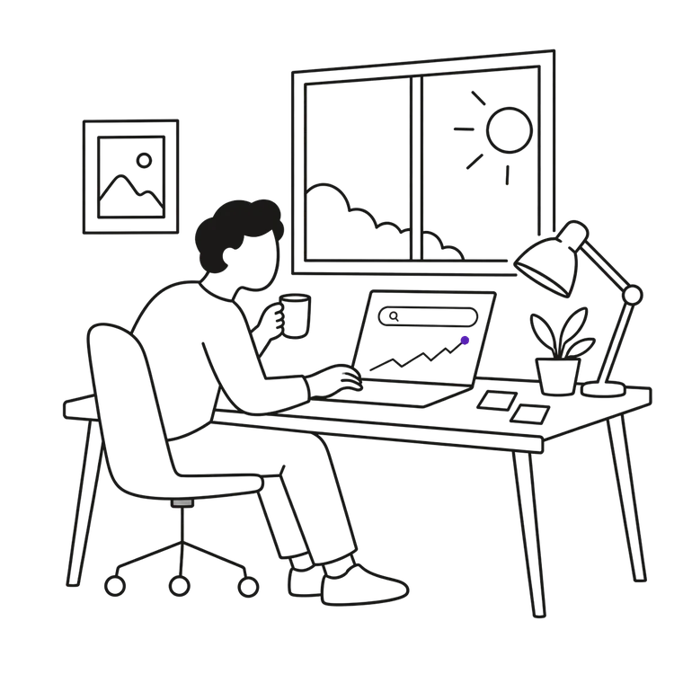 아침 햇살이 드는 책상에서 커피를 들고 노트북 속 검색 추이를 보는 마케터